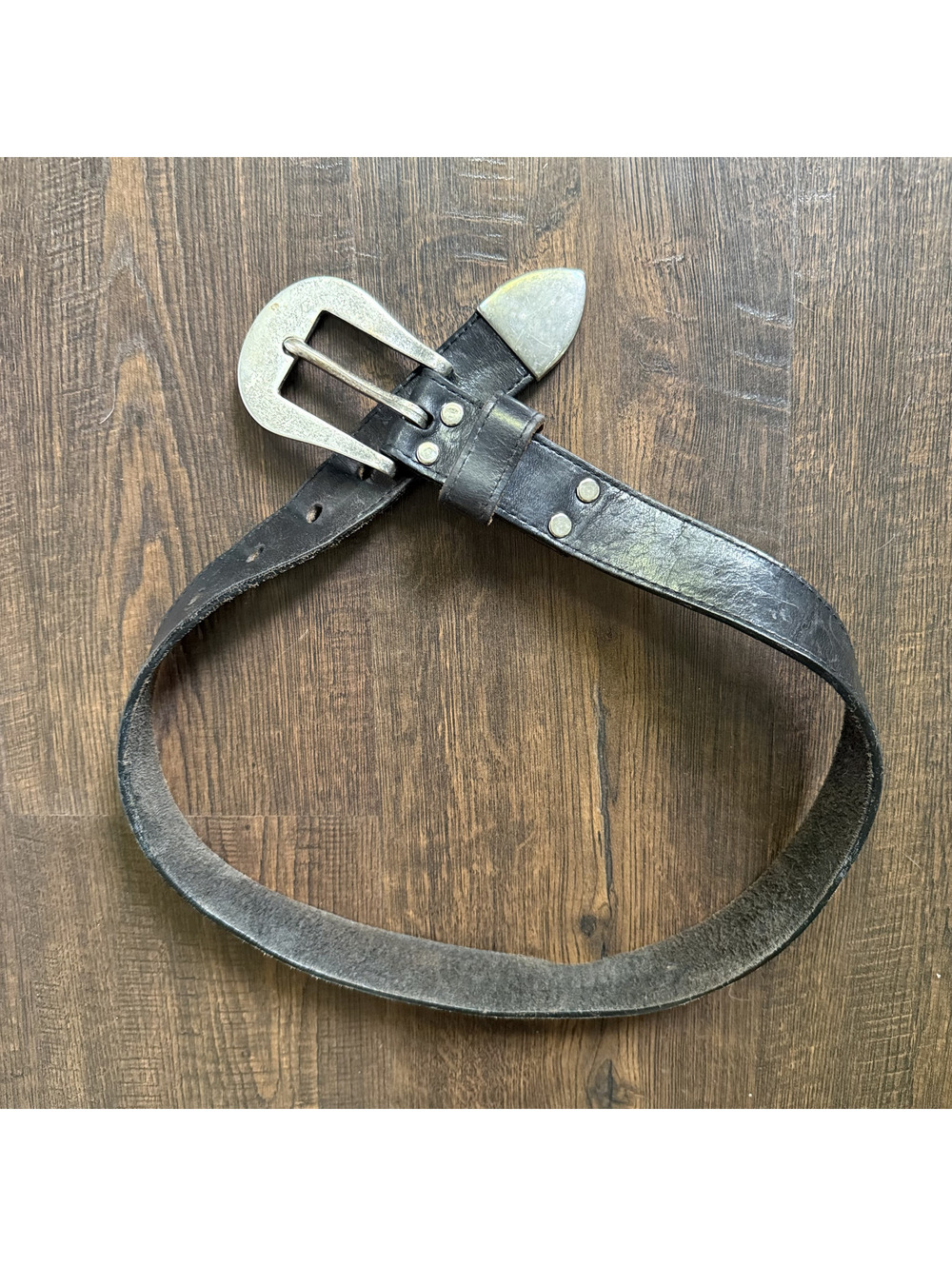 Vintage 80s Black Leather Western Belt Silver Tone Buckle Tip Size 28
